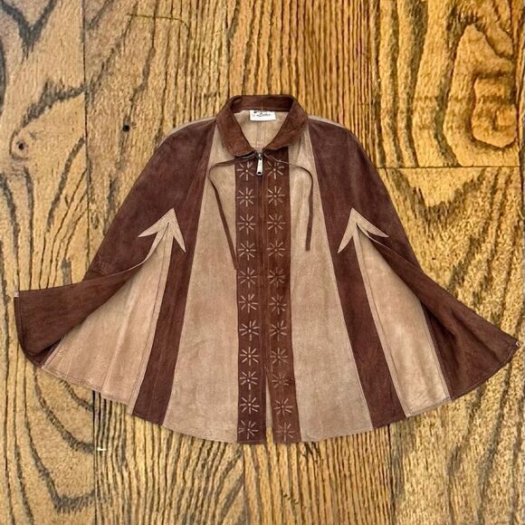 Vintage 60’s Western Style Mexican Genuine Suede Leather Poncho - Picture 3 of 8